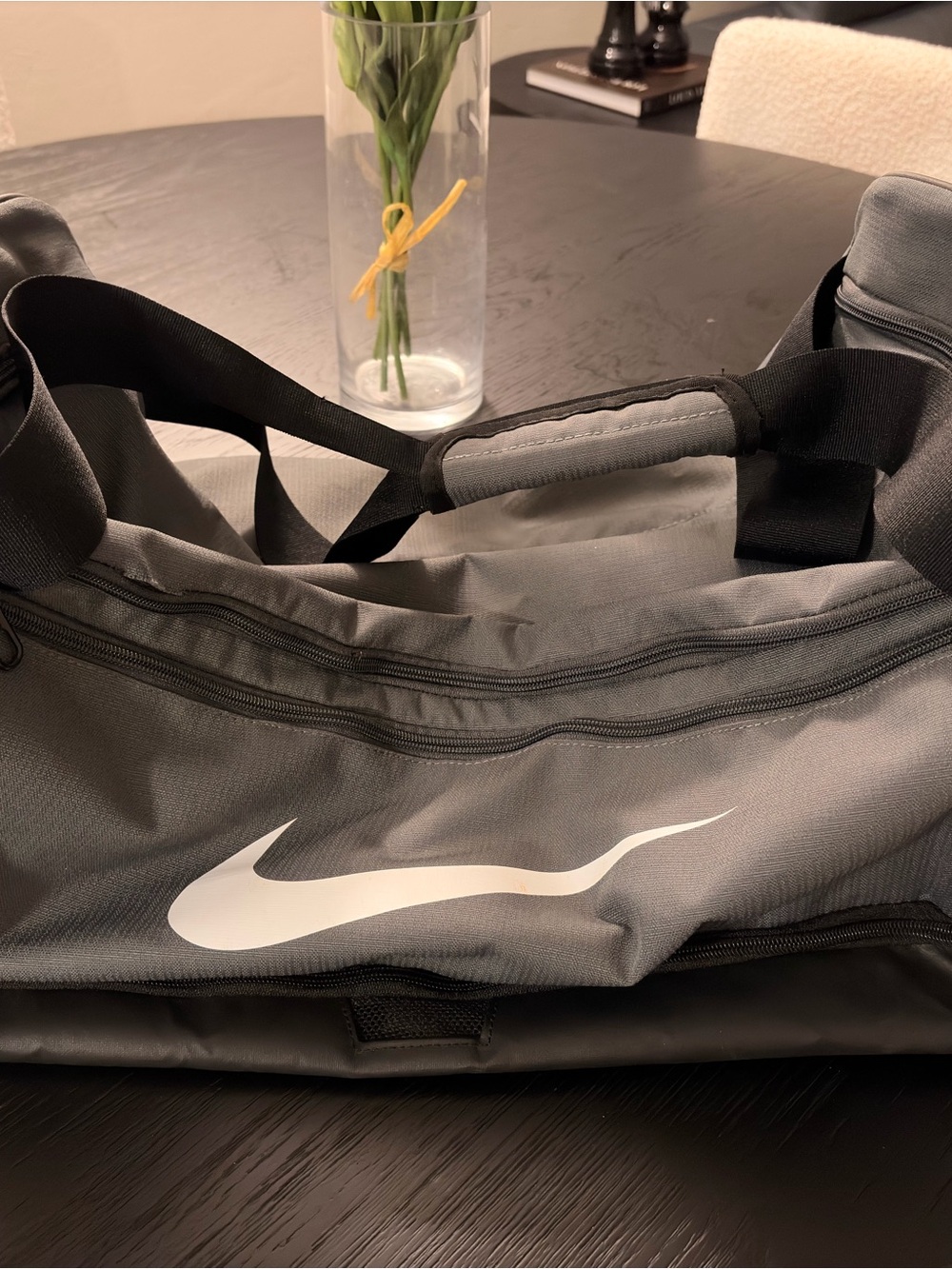 Nike Gray Duffel Bag with White Swoosh